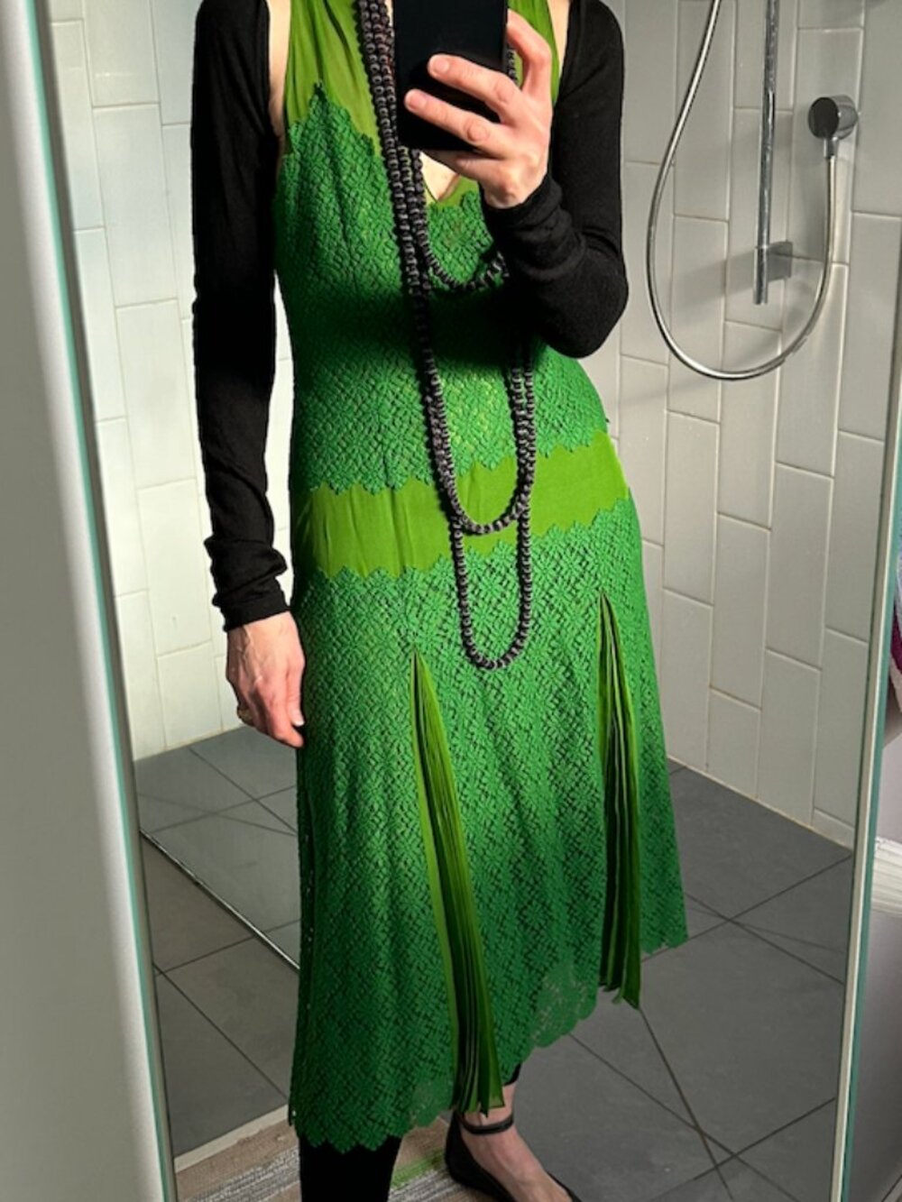 DKNY Vintage Bright Green Silk Sleeveless V-neck Dress with Lace and Pleats